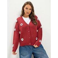 Yours Curve Applique Floral Cardigan - Red