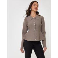 Threadbare Womens Peplum Collared Button-Through Cardigan - Mink Brown