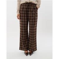 Threadbare Wide Leg Tie Belt Trousers In Brown Check