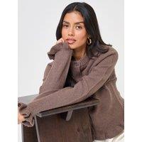 Threadbare Womens Ruffle Trim Crew Neck Cardigan - Mocha Brown