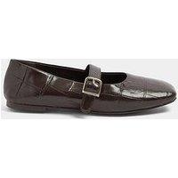 Yours Curve Wide Fit Croc Buckle Detail Mary Jane Flat Shoes - Brown
