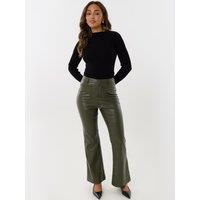 Threadbare Womens Faux Leather Flared Trousers - Khaki