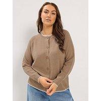 Yours Curve Blanket Stitch Cardigan - Brown