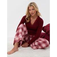 Threadbare Womens V-Neck Lace Trim Flannel Pyjama Set - Purple