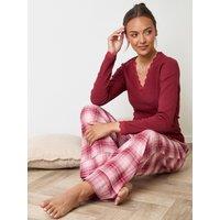 Threadbare V Neck Top & Flannel Bottoms Pyjama Set In Burgundy Check