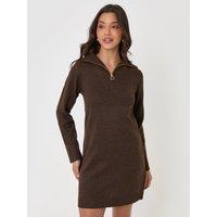 Threadbare Womens Quarter Zip Brushed Knit Mini Dress - Brown
