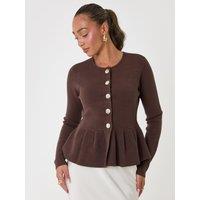Threadbare Womens Crew Neck Peplum Metallic Button Cardigan - Brown