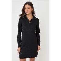Threadbare Womens Quarter-Zip Brushed Knit Mini Dress - Black