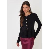 Threadbare Crew Neck Peplum Cardigan In Black