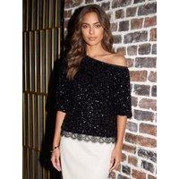 Threadbare Sequin Slash Neck Puff Sleeve Top In Black
