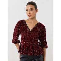 Threadbare Womens Lace-Trim V-Neck Sequin Puff Sleeve Top - Burgundy