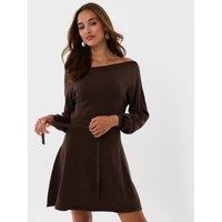 Threadbare Womens Slash Neck Belted Mini Jumper Dress - Chocolate Brown