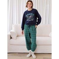 Threadbare Petite Sweatshirt & Barrel Leg Trousers Pyjama Set In Green Check