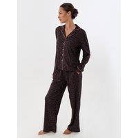Threadbare Womens Button-Through Leopard Print Pyjama Set - Brown