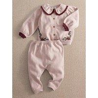 Mamas & Papas Baby Girls 2 Piece Floral Embroidered Knitted Cardigan & Leggings Set - Pink