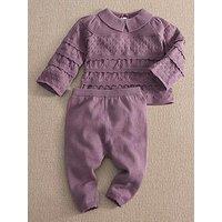 Mamas & Papas Baby Girls Patchwork Knitted Jumper & Rib Leggings Set With Scalloped Trims - Dark Purple