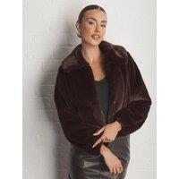 Threadbare Womens Oversized Collar Faux Fur Coat - Chocolate Brown