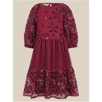 Monsoon Girls 3D Floral Embellished Mesh Tiered Dress - Dark Red