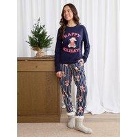 Threadbare Womens Petite Christmas Teddy Bear Print Long Pyjama Set - Navy