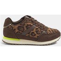 Yours Curve Extra Wide Fit Leopard Side Stripe Lace Up Trainers - Brown