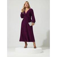 Yours Curve Long Sleeve Pleat Knot Dress - Purple