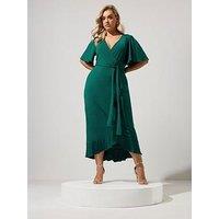 Yours Curve Wrap Ruffle Dress - Green