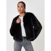 Threadbare Womens Collarless Faux Fur Hook And Eye Jacket - Black