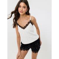 Threadbare Sequin Cami With Lace Trim In White