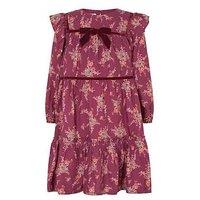 Monsoon Girls' Floral Print Viscose Dress With Velvet Trim - Dark Red