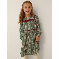 Monsoon Girls' Floral Print Viscose Dress With Velvet Trim - Green