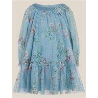 Monsoon Baby Girls Floral Mesh Velvet Trim Dress - Green