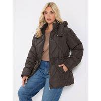 Yours Curve Diamond Quilted Puffer Coat - Brown