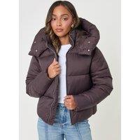 Threadbare Womens Petite Showerproof Funnel Neck Puffer Coat - Brown