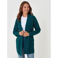 Threadbare Womens Cable Knit Open Front Longline Cardigan - Green