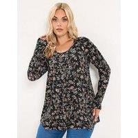Yours Curve Floral Print Ribbed Button Top - Black