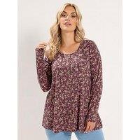 Yours Curve Floral Ribbed Button Top - Red