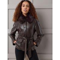Threadbare Womens Faux Fur Collar Belted Shacket - Brown