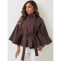 Threadbare Womens Tie Waist High Neck Cape Coat - Brown