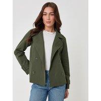 Threadbare Womens Funnel Neck Double-Breasted Short Trench Coat - Green
