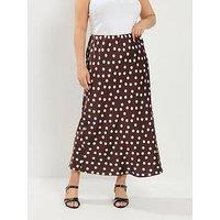 Yours Curve Satin Spot Skirt - Brown