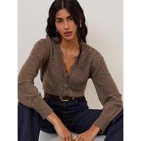 Nobodys Child Wool Blend Crochet Trim Elodie Cardigan - Brown