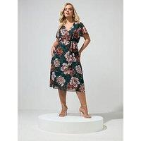 Yours Curve Floral Wrap Dress - Green