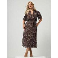 Yours Curve Polka Dot Puff Sleeve Dress - Brown