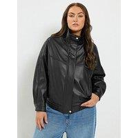 Yours Curve Leather Funnel Neck Jacket - Black