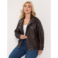 Yours Curve Funnel Neck Pu Jacket - Brown