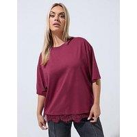 Yours Limited Collection Curve Oversized Lace Hem T-Shirt - Burgundy Red