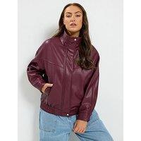 Yours Curve Faux Leather Funnel Neck Jacket - Red