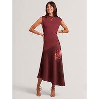 Ted Baker Printed Midi Dress With Satin Skirt - Dark Red