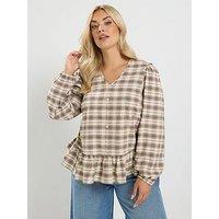 Yours Curve Check V Neck Peplum Top - Brown