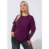 Yours Curve Lace Sleeve T-Shirt - Purple